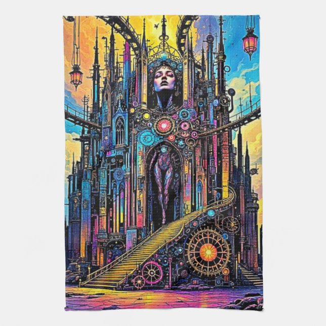 Mystical Steampunk Cathedral Tea Towel (Vertical)