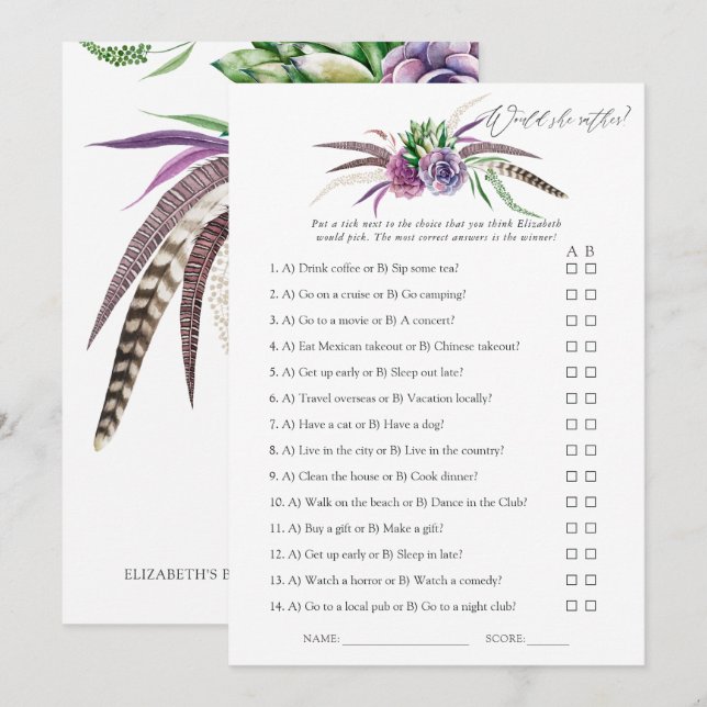 Mystical Succulents Bridal Shower Game Invitation (Front/Back)