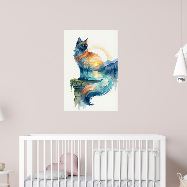Mystical Sunset Cat Double Exposure Watercolor Poster (Nursery 2)