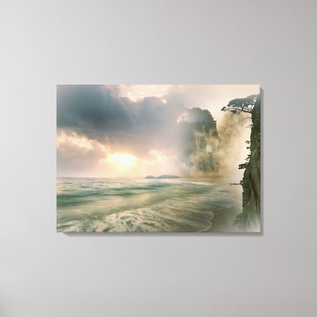 Mystical Sunset on Beach Ocean Cliff Scene Artwork Canvas Print (Front)