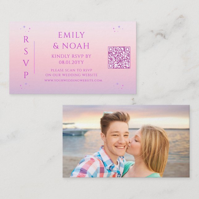 Mystical Sunset Pink Budget QR Code RSVP Photo Enclosure Card (Front/Back)