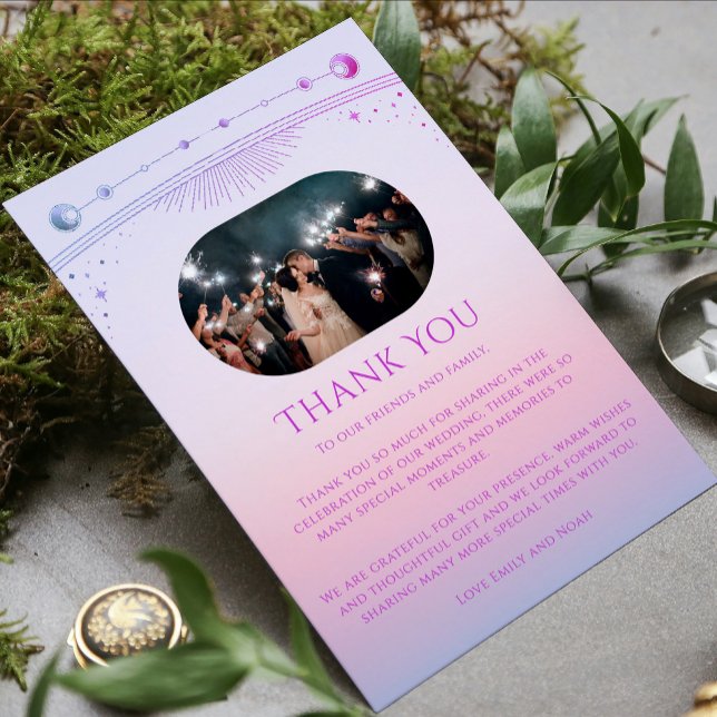 Mystical Sunset Pink Star Moon Photo Wedding Thank You Card (Creator Uploaded)