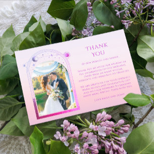 Mystical Sunset Pink Sun Moon Stars Photo Wedding Thank You Card