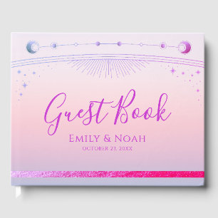 Mystical Sunset Pink Sun Moon Stars Wedding Guest Book