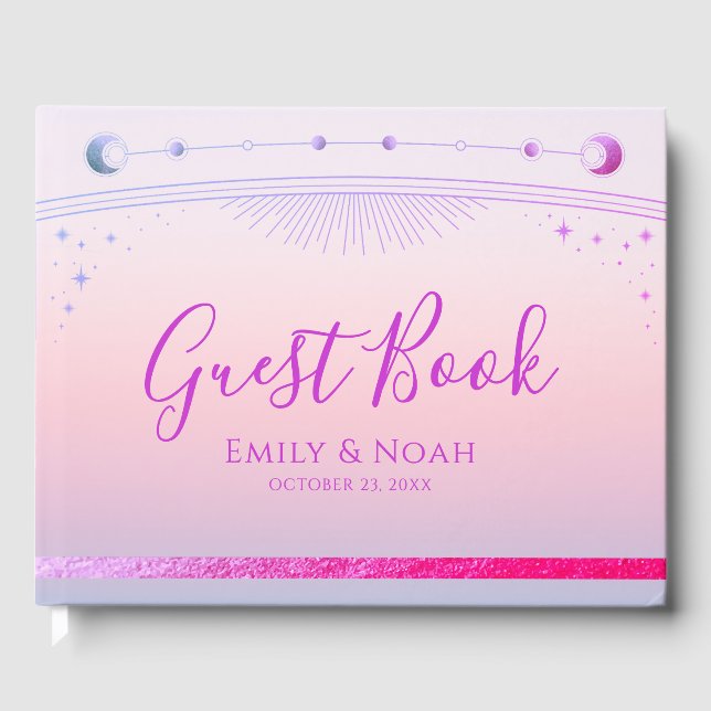 Mystical Sunset Pink Sun Moon Stars Wedding  Guest Book (Front)