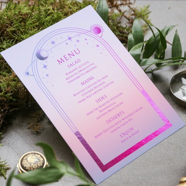 Mystical Sunset Pink Sun Moon Stars Wedding Menu (Creator Uploaded)