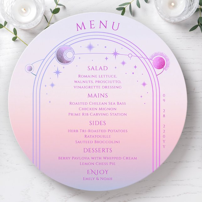 Mystical Sunset Pink Sun Moon Stars Wedding Menu (Creator Uploaded)