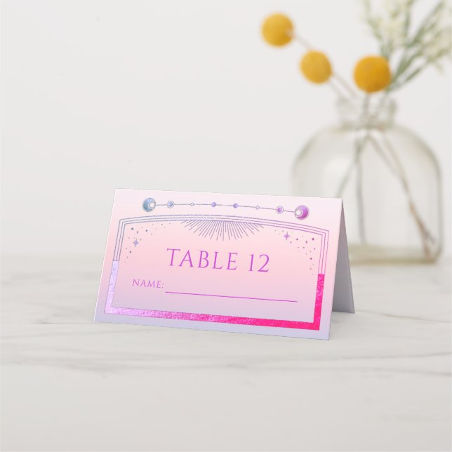Mystical Sunset Pink Sun Moon Stars Wedding Place Card (Front)