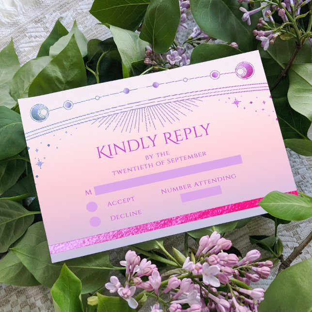 Mystical Sunset Pink Sun Moon Stars Wedding RSVP Card (Creator Uploaded)