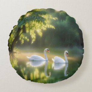 Mystical Swans Gracefully Gliding On Summer Pond" Round Cushion