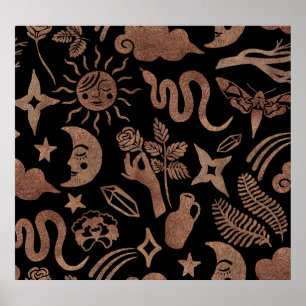 Mystical symbols: snake, sun, moon. poster