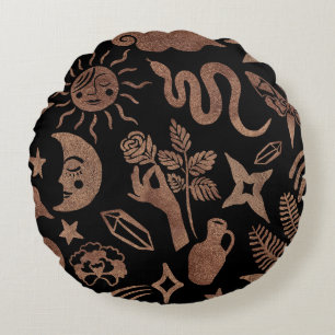 Mystical symbols: snake, sun, moon. round cushion