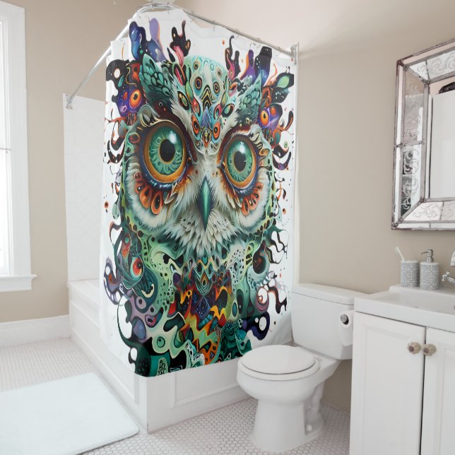  "Mystical Symmetry: Vibrant Owl Art" Shower Curtain (In Situ)