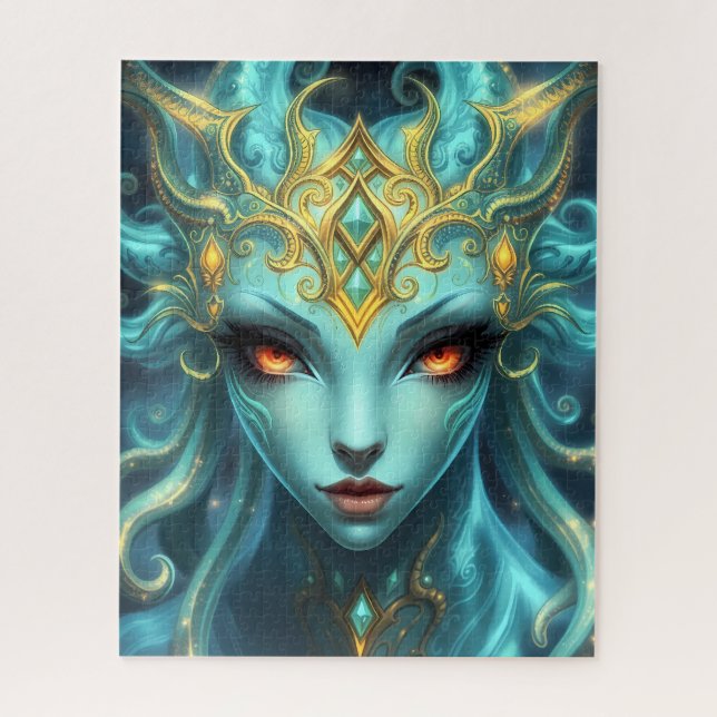 Mystical Teal Goddess with Radiant Ember Eyes Jigsaw Puzzle (Vertical)