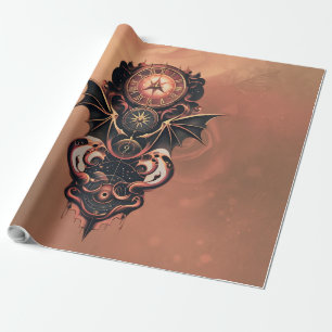 Mystical time travel with wings, steampunk watch.  wrapping paper