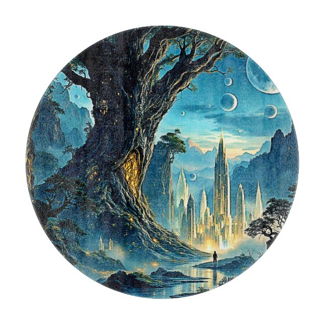 Mystical Tree City Dreamscape Cutting Board (Front)