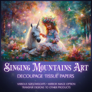 Mystical Unicorn and Girl In Forest Decoupage  Tissue Paper
