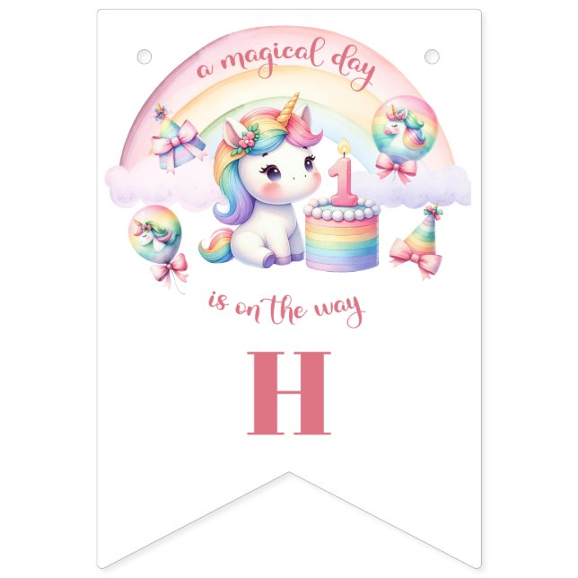 Mystical Unicorn Floral Girl 1st Birthday Party  Bunting (First Flag)