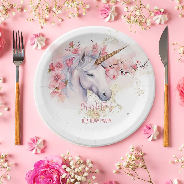 Mystical Unicorn Floral Girl 1st Birthday Party Paper Plate (Mystical Unicorn and Cherry Blossoms Pink Floral Girl 1st Birthday Party Paper Plates)
