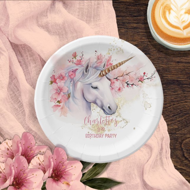 Mystical Unicorn Floral Girl 3rd Birthday Party Paper Plate (Mystical Unicorn and Cherry Blossoms Pink Floral Girl 3rd Birthday Party Paper Plates)