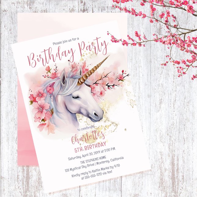 Mystical Unicorn Floral Girl 5th Birthday Party Invitation (Unicorn Mythical Creature and Pink Cherry Blossom Floral 5th Birthday Party Invitation)