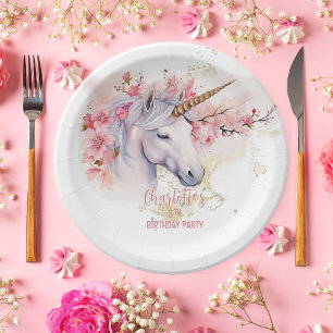 Mystical Unicorn Floral Girl 5th Birthday Party Paper Plate