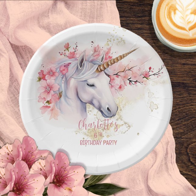 Mystical Unicorn Floral Girl 6th Birthday Party Paper Plate (Mystical Unicorn and Cherry Blossoms Pink Floral Girl 6th Birthday Party Paper Plates)