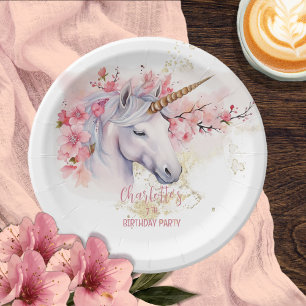 Mystical Unicorn Floral Girl 7th Birthday Party Paper Plate