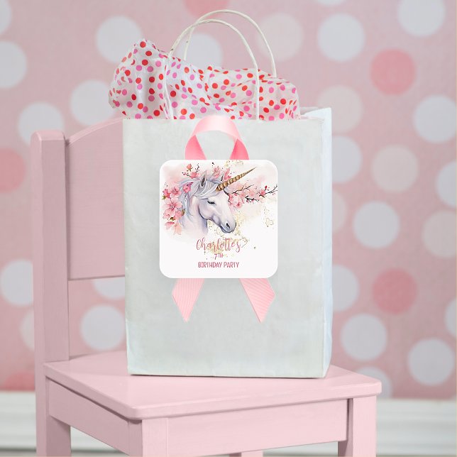 Mystical Unicorn Floral Girl 7th Birthday Party Square Sticker (Mystical Unicorn and Cherry Blossoms Pink Girl 7th Birthday Party Square Sticker)