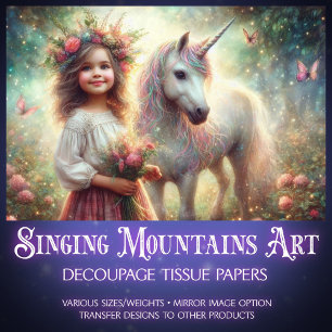 Mystical Unicorn & Girl Forest Scene Decoupage  Tissue Paper
