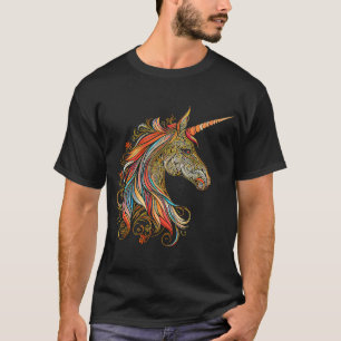 Mystical Unicorn Head Colorful Mandala Pattern  Un T-Shirt