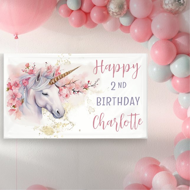 Mystical Unicorn | Pink Floral Girl 2nd Birthday Banner (Mystical Unicorn Pink  Cherry Blossoms and Faux Gold Glitter Girl's "Happy 2nd Birthday" Banner)