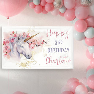 Mystical Unicorn   Pink Floral Girl 3rd Birthday Banner