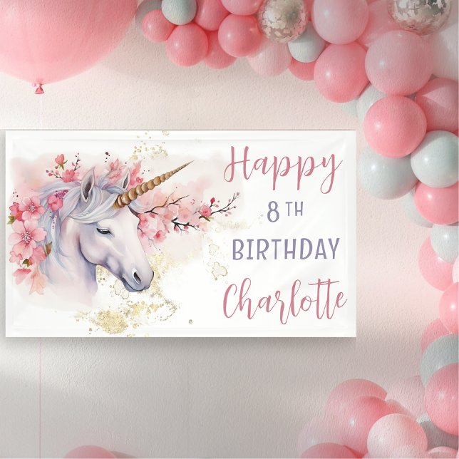 Mystical Unicorn | Pink Floral Girl 8th Birthday Banner (Mystical Unicorn Pink  Cherry Blossoms and Faux Gold Glitter Girl's "Happy 8th Birthday" Banner)