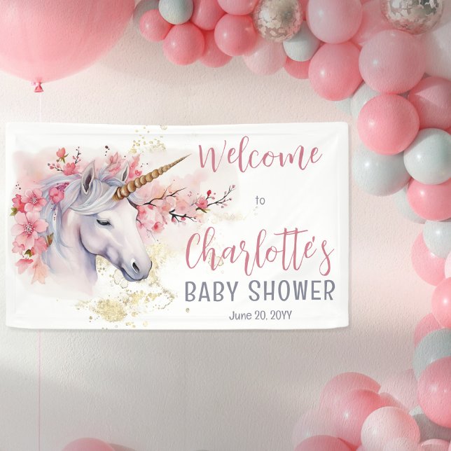 Mystical Unicorn | Pink Floral Girl Baby Shower Banner (Creator Uploaded)
