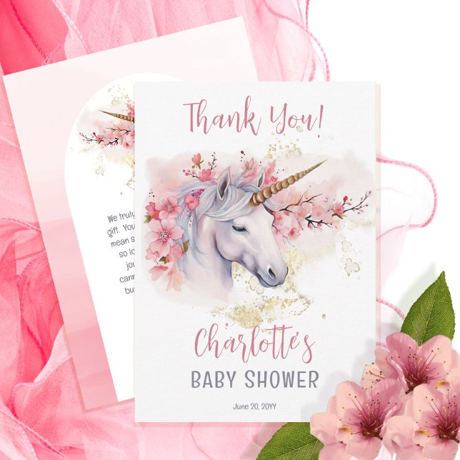 Mystical Unicorn | Pink Floral Girl Baby Shower Thank You Card (Creator Uploaded)