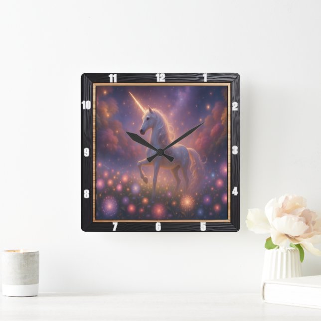 Mystical Unicorn Starry Flower Square Wall Clock (Home)
