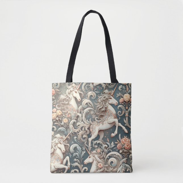 Mystical Victorian Unicorns: Enchanted Floral  Tote Bag (Front)