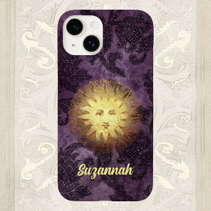 Mystical Vintage Sun Face on Purple Faux Brocade iPhone 14 Case