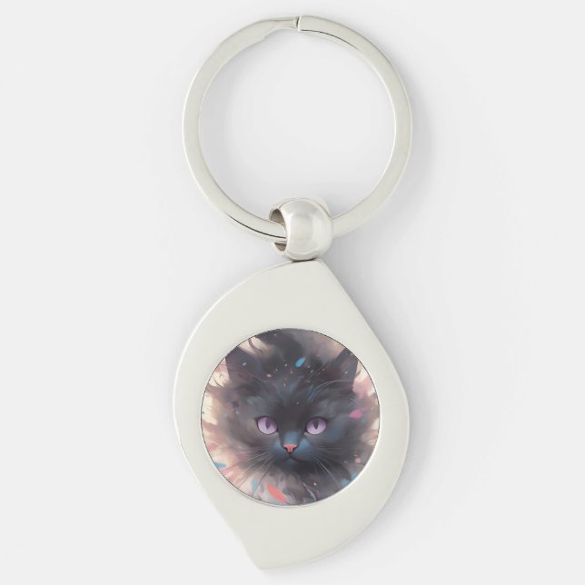 Mystical Watercolor Black Cat | Cute  Cat Key Ring (Front)