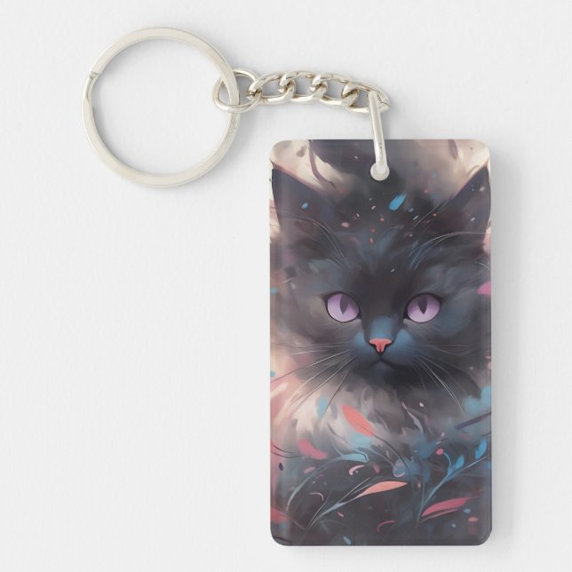 Mystical Watercolor Black Cat | Cute  Cat Key Ring (Front)