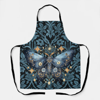 Mystical Watercolor Blue and Gold Night Moth Apron