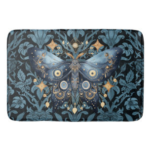 Mystical Watercolor Blue and Gold Night Moth Bath Mat