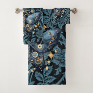 Mystical Watercolor Blue and Gold Night Moth Bath Towel Set