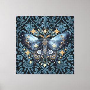 Mystical Watercolor Blue and Gold Night Moth Canvas Print