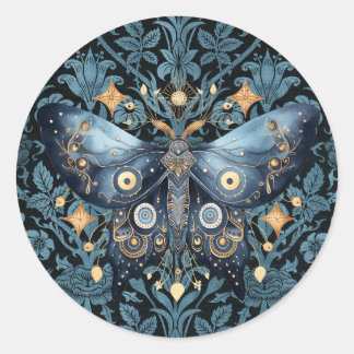 Mystical Watercolor Blue and Gold Night Moth Classic Round Sticker