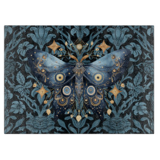 Mystical Watercolor Blue and Gold Night Moth Cutting Board