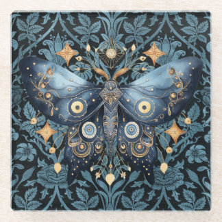 Mystical Watercolor Blue and Gold Night Moth Glass Coaster
