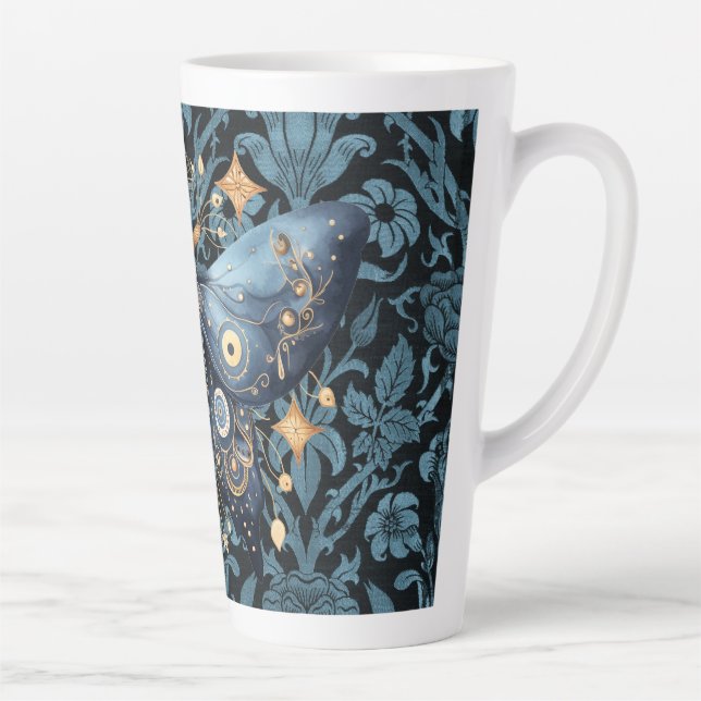 Mystical Watercolor Blue and Gold Night Moth Latte Mug (Right)