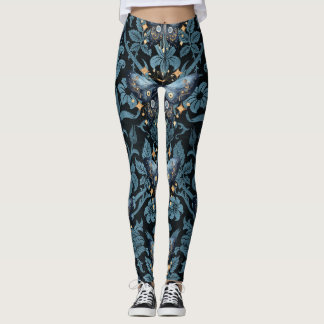 Mystical Watercolor Blue and Gold Night Moth Leggings